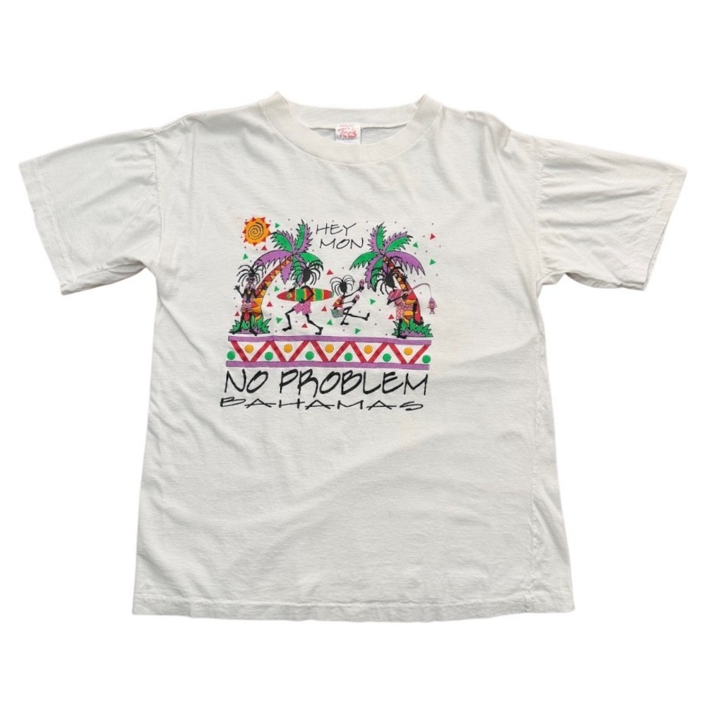 Vintage 90s Hey Mon No Problem Bahamas Dancing Beach Reggae Art Graphic T-shirt